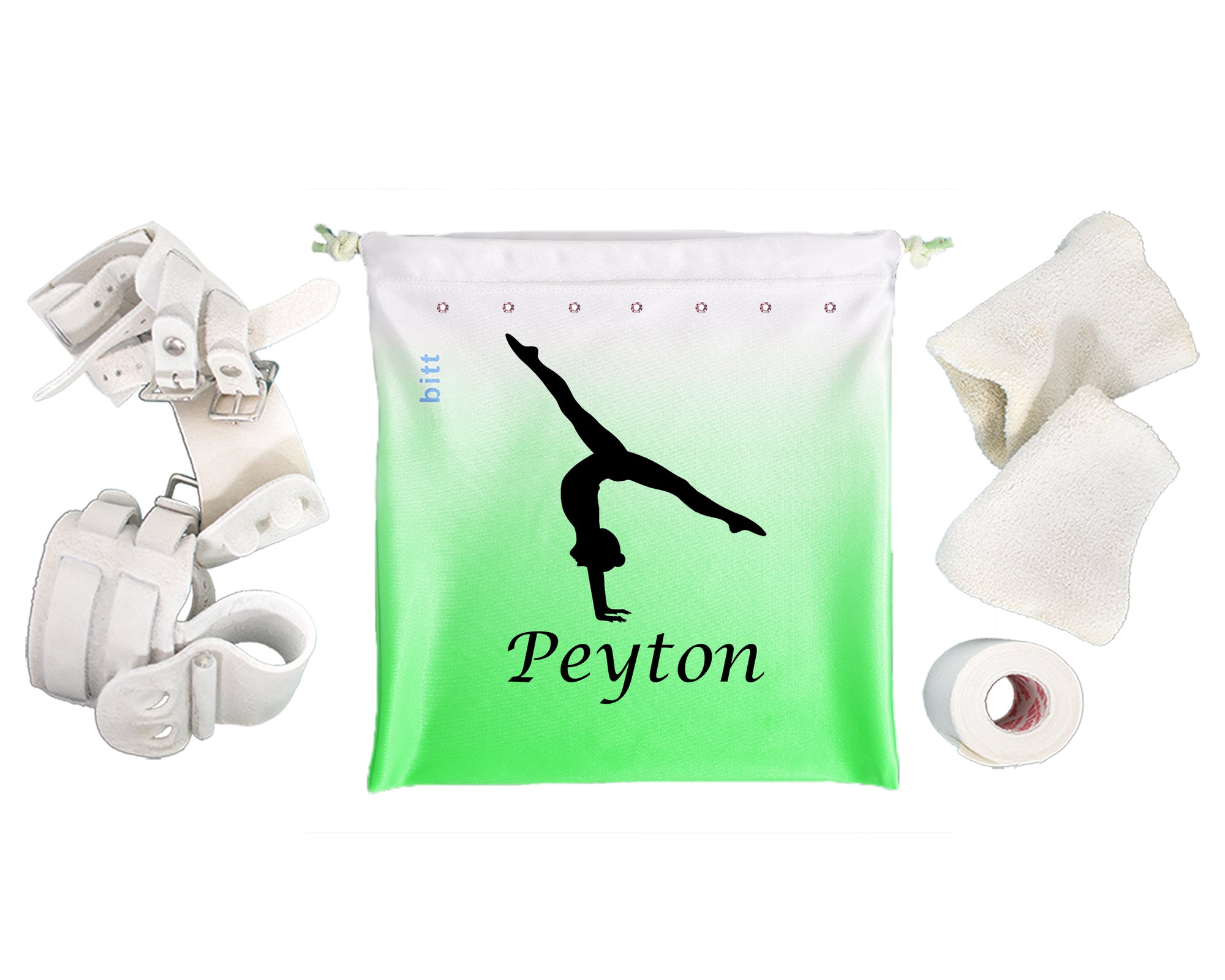 Personlized Gymnastics Grip Bag with Split Handstand in Lime Green & White Ombre