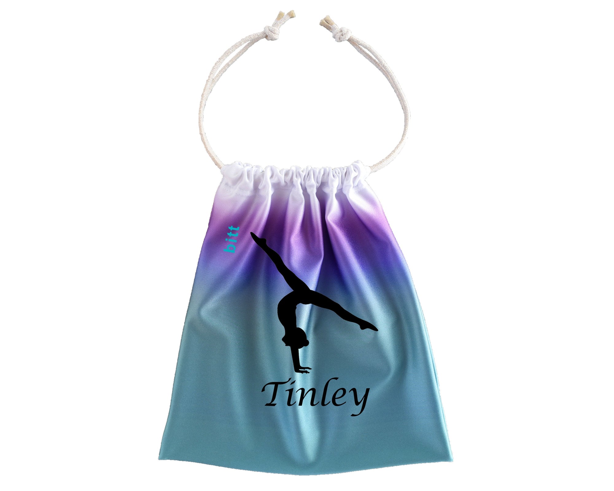 Personalized Gymnastics Grip Bag in Teal Purple and White Ombre with Split Handstand
