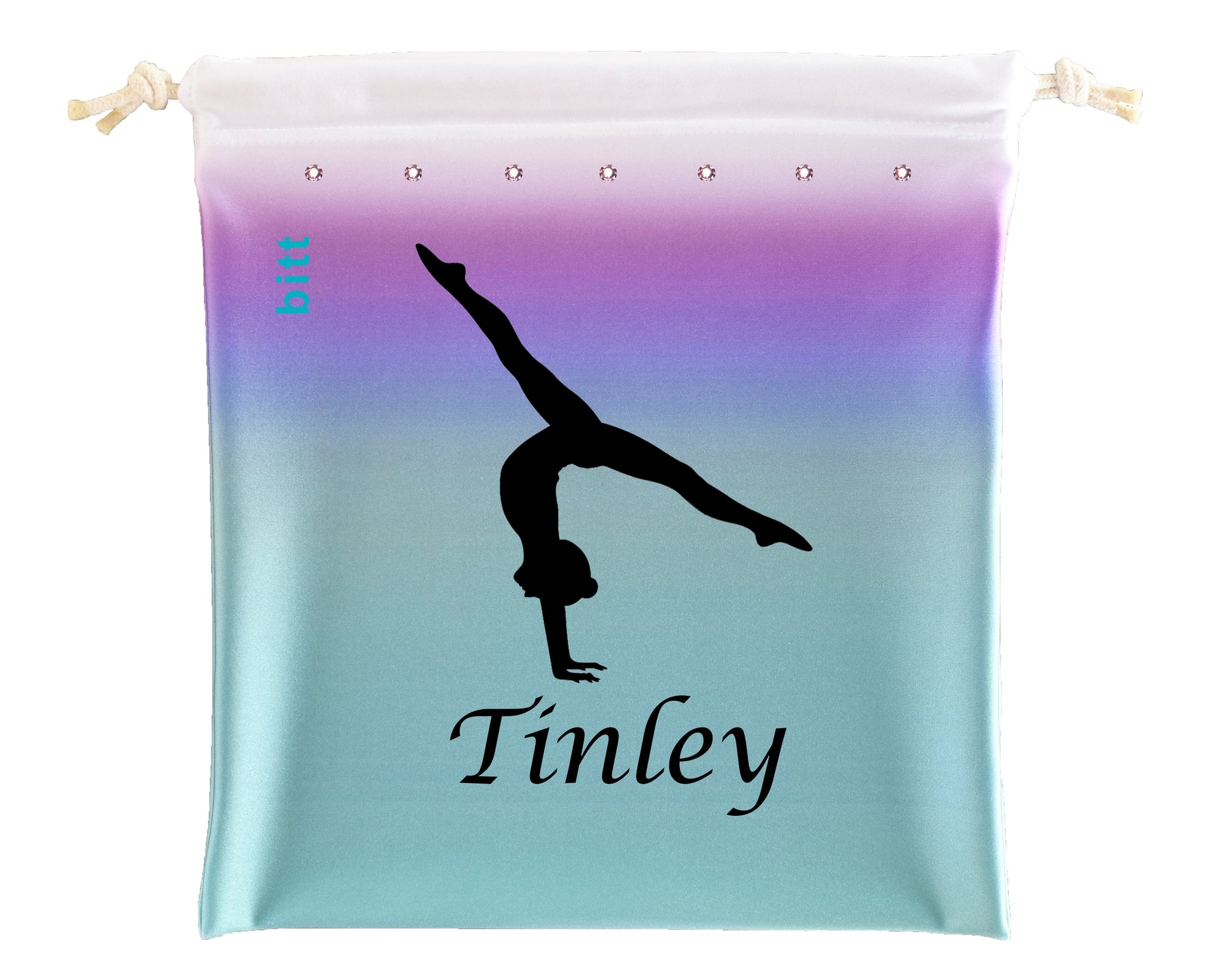 Personalized Gymnastics Grip Bag in Teal Purple and White Ombre with Split Handstand
