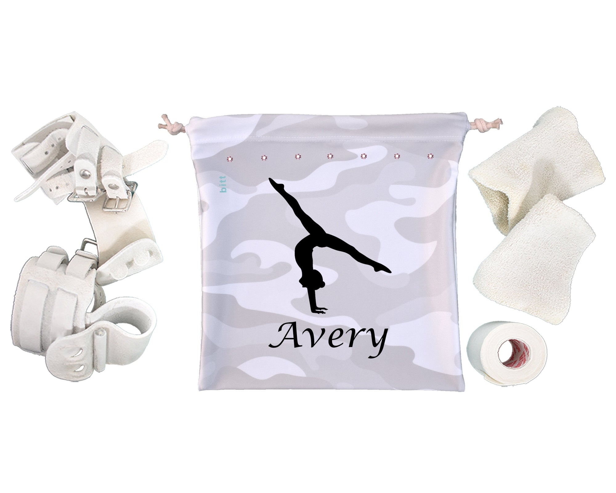 Personalized Gymnastics Grip Bag in Silver White Camouflage with Handstand
