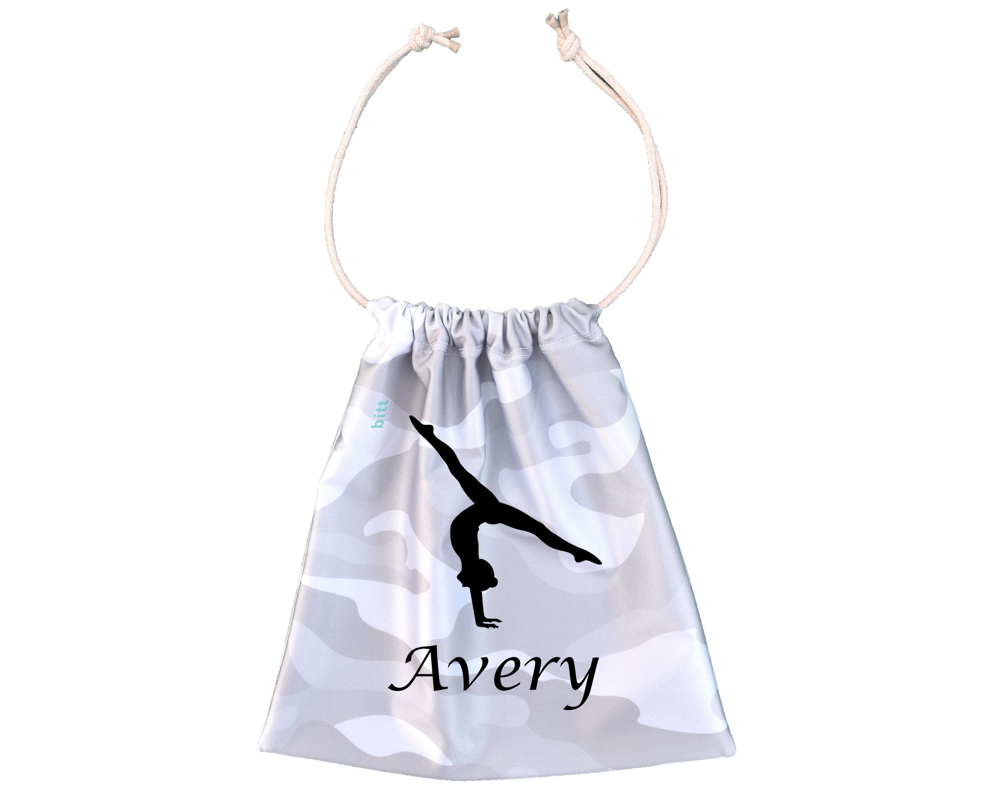 Personalized Gymnastics Grip Bag in Silver White Camouflage with Handstand